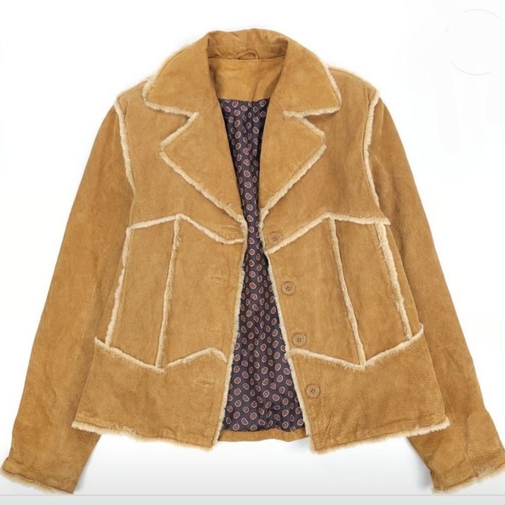 B. Lucid Vintage Y2K Stylish Tan Suede Leather Western Jacket With Faux Fur Trim